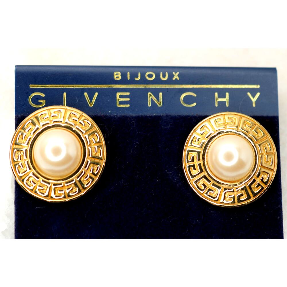Vintage Bijoux Givenchy Paris New York Gold Tone Faux Pearl Clip-On Earrings
